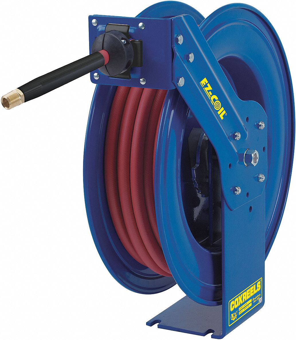 SPRING RETURN HOSE REEL: 50 FT (½ IN I.D.), ½ IN MNPT, 300 PSI MAX, BRASS, BLUE, RED