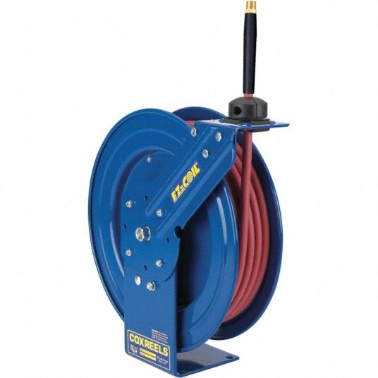 Spring Return Hose Reel: 50 ft (3/8 in I.D.), 3/8 in MNPT, 300 psi Max Op  Pressure, Brass, Blue, Red