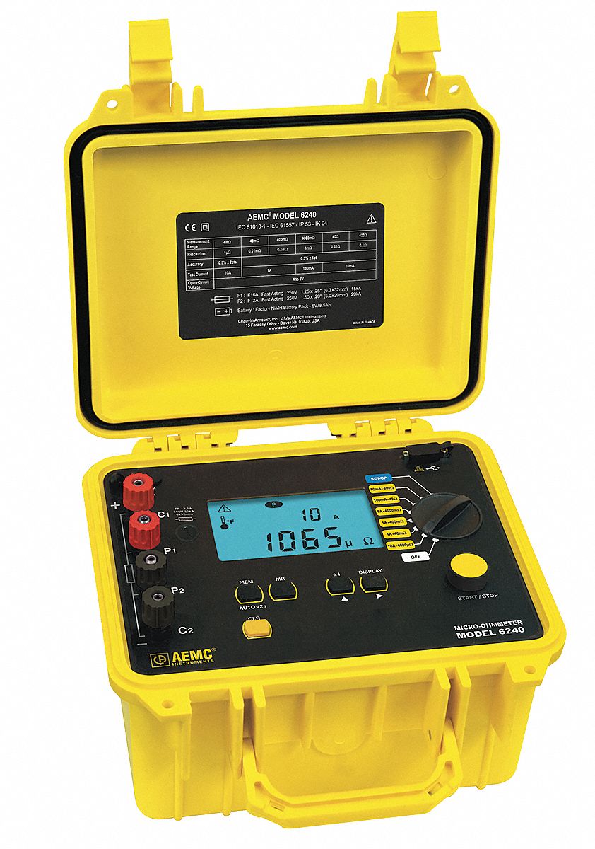 Micro Ohm Meter: 4 miliohm to 400 ohm, +/-0.25% Accuracy, 10mA to 10A, Backlit Dual Line LCD
