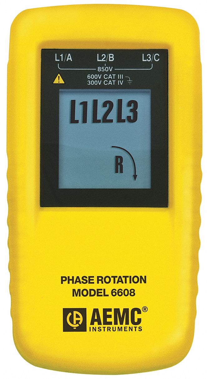Phase Sequence Tester: CAT III 600V, 40 to 850V AC, LCD, 15 to 400 Hz