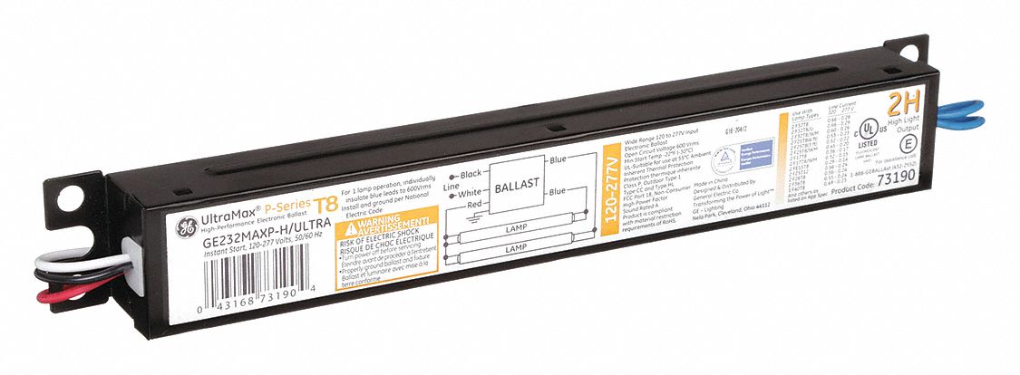 FLUORESCENT BALLAST, T12/T8, 120 TO 277V AC, 1 TO 2 BULBS, 76 W BULB MAX