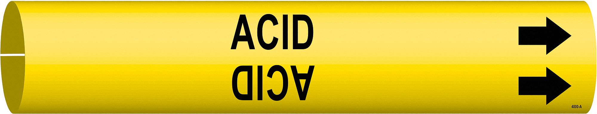 Pipe Marker: Acid, Yellow, Black, Fits 3/4 to 1 3/8 in Pipe O.D., 1 Pipe Markers, With Arrows