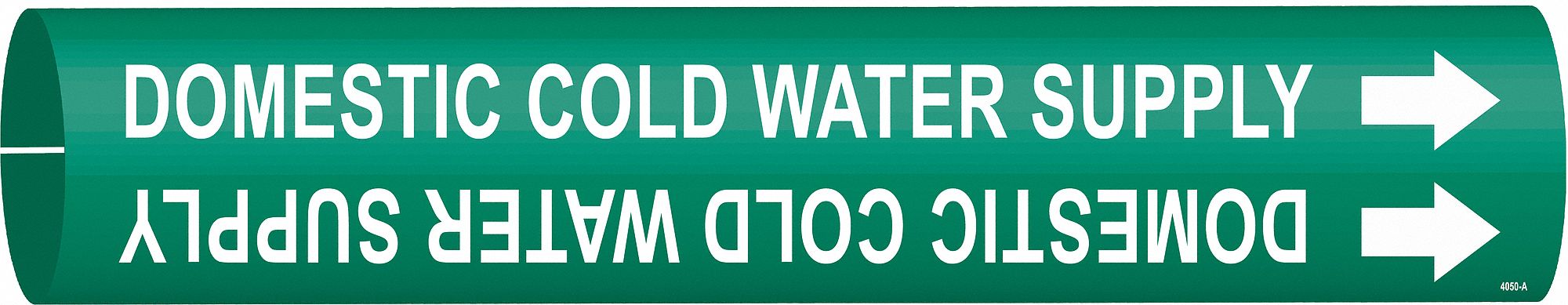 Pipe Marker: Domestic Cold Water Supply, Green, White, Fits 3/4 to 1 3/8 in Pipe O.D., With Arrows