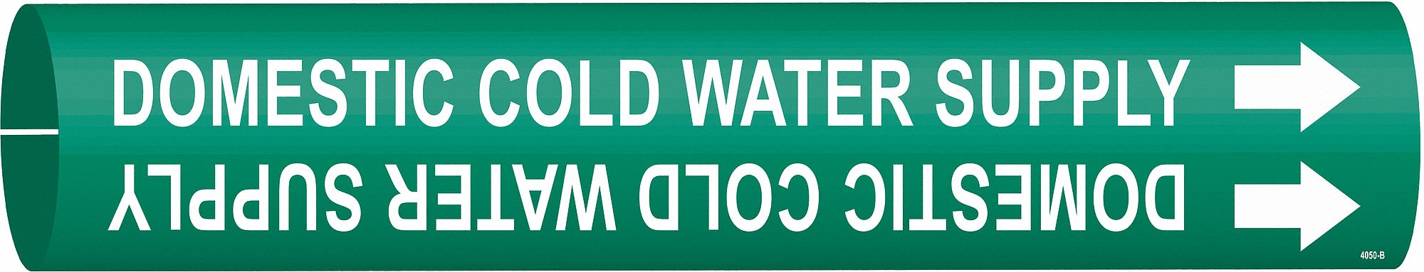 Pipe Marker: Domestic Cold Water Supply, Green, White, Fits 1 1/2 to 2 3/8 in Pipe O.D., With Arrows