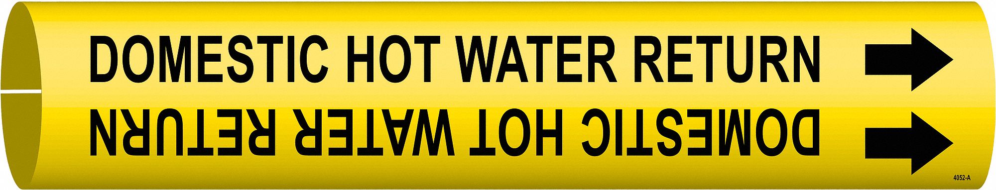 Pipe Marker: Domestic Hot Water Return, Yellow, Black, Fits 3/4 to 1 3/8 in Pipe O.D., With Arrows