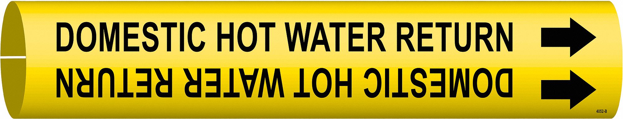 Pipe Marker: Domestic Hot Water Return, Yellow, Black, Fits 1 1/2 to 2 3/8 in Pipe O.D., With Arrows
