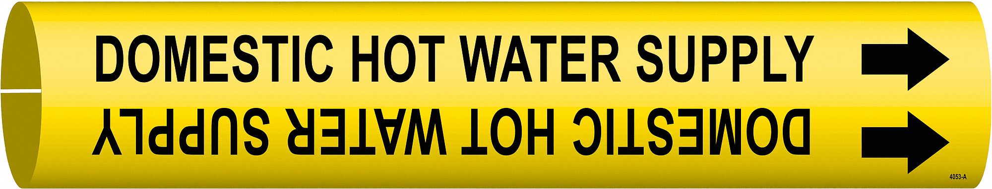 Pipe Marker: Domestic Hot Water Supply, Yellow, Black, Fits 3/4 to 1 3/8 in Pipe O.D., With Arrows