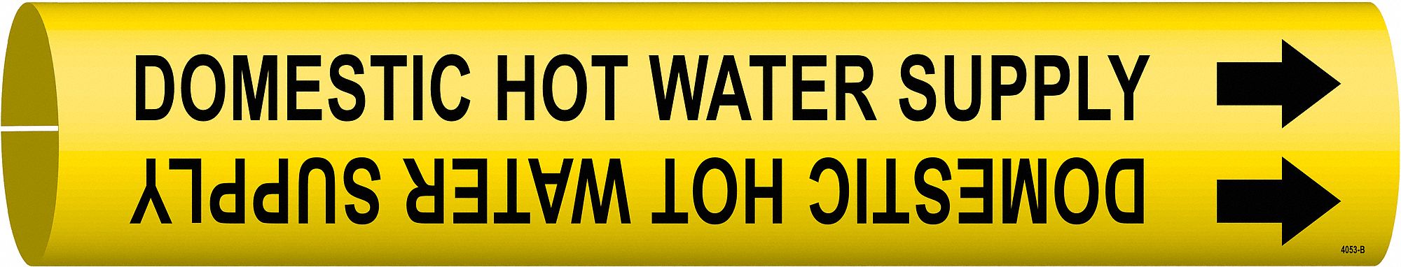 Pipe Marker: Domestic Hot Water Supply, Yellow, Black, Fits 1 1/2 to 2 3/8 in Pipe O.D., With Arrows