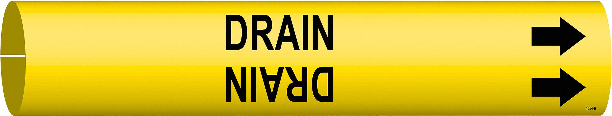 Pipe Marker: Drain, Yellow, Black, Fits 1 1/2 to 2 3/8 in Pipe O.D., 1 Pipe Markers, With Arrows