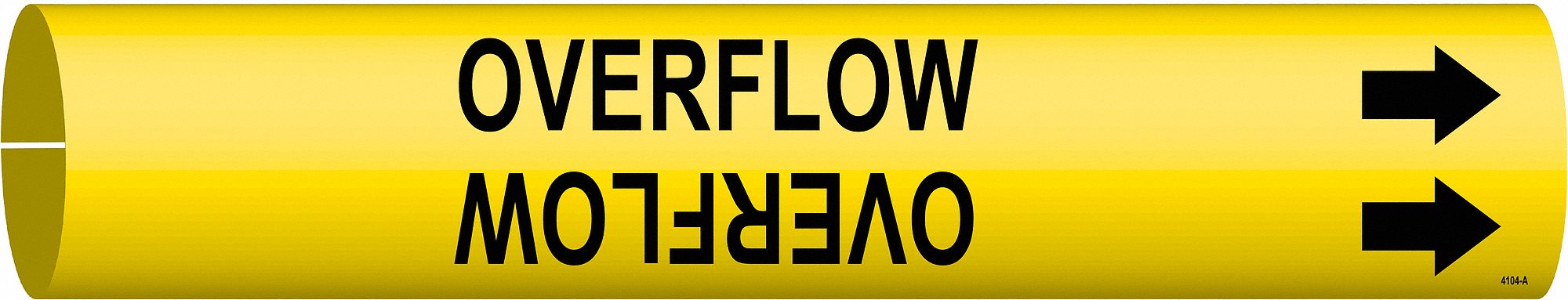 Pipe Marker: Overflow, Yellow, Black, Fits 3/4 to 1 3/8 in Pipe O.D., 1 Pipe Markers, With Arrows