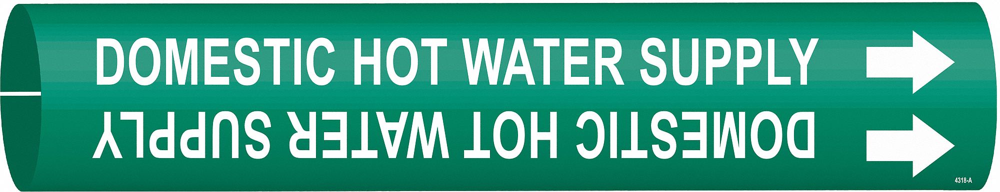 Pipe Marker: Domestic Hot Water Supply, Green, White, Fits 1 1/2 to 2 3/8 in Pipe O.D., With Arrows