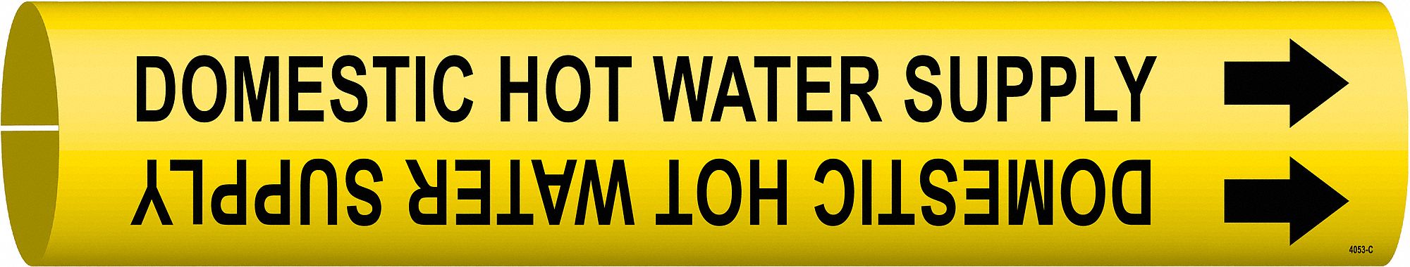 Pipe Marker: Domestic Hot Water Supply, Yellow, Black, Fits 2 1/2 to 3 7/8 in Pipe O.D., With Arrows
