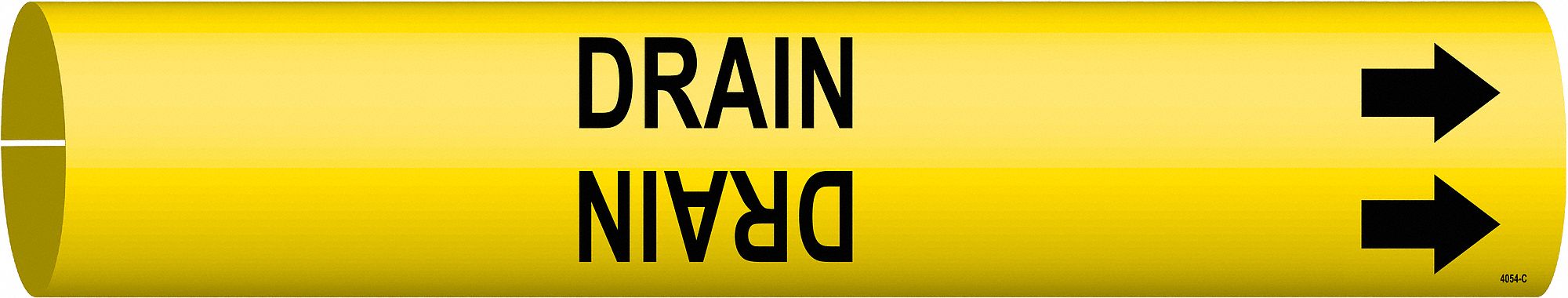 Pipe Marker: Drain, Yellow, Black, Fits 2 1/2 to 3 7/8 in Pipe O.D., 1 Pipe Markers, With Arrows