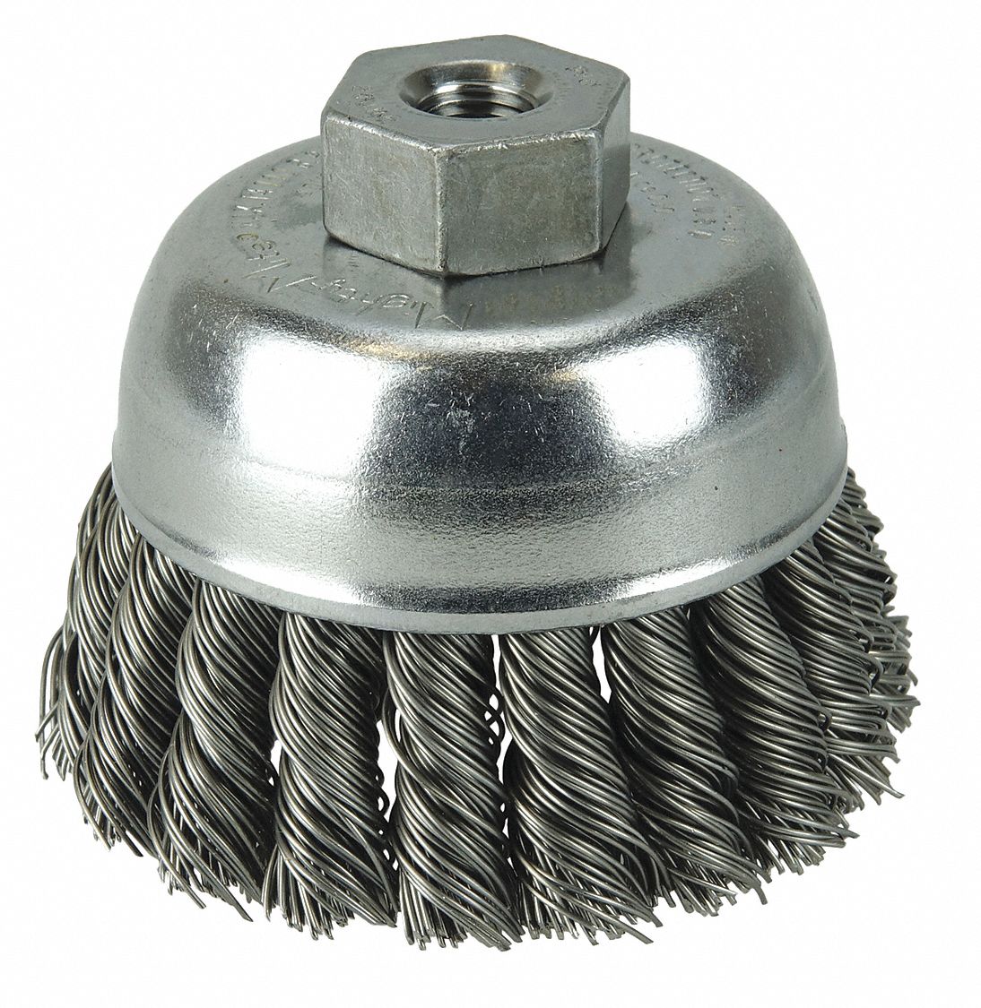 Cup Brush: Twisted Steel, 2 3/4 in Dia, 0.02 in Fill Dia, 3/8"-24 Arbor