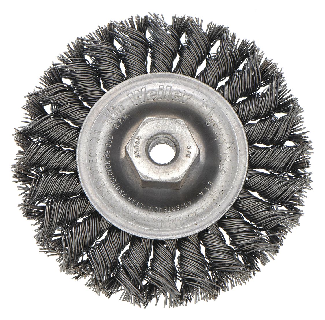 WIRE WHEEL BRUSH, TWISTED STEEL, 4 IN DIAMETER X ½ IN W, 3/8