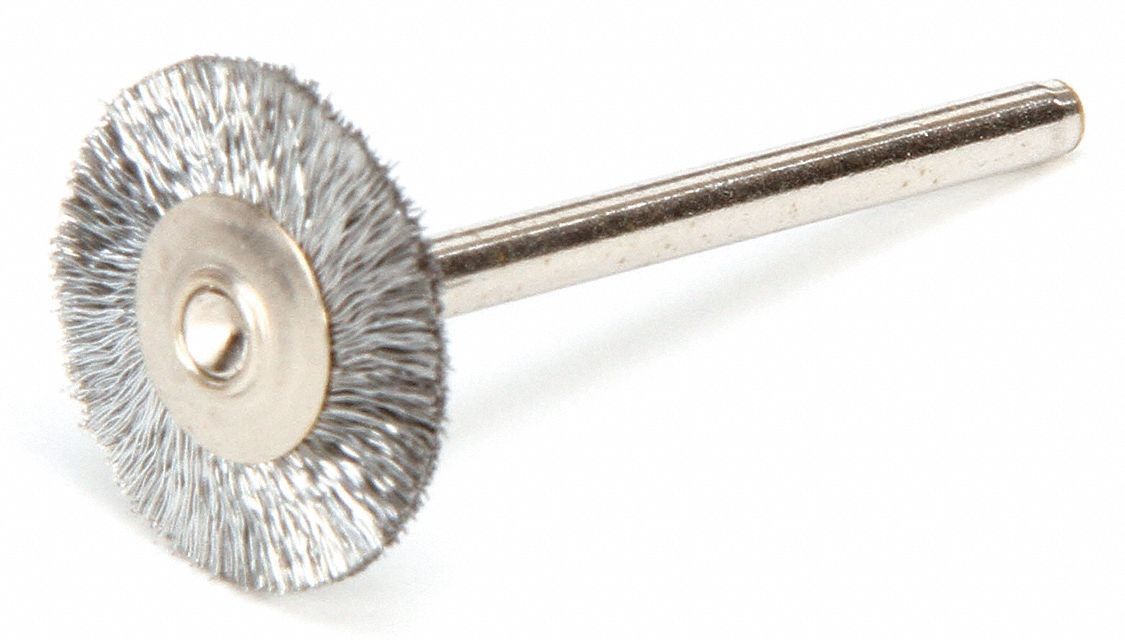 Wire Wheel Brush: Crimped Steel, 3/4" Dia x 1/16" Wd, 1/8" Shank, 0.005" Fill