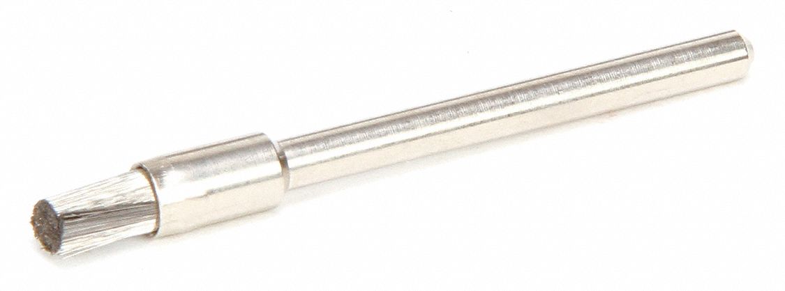 Miniature End Brush: Crimped Stainless Steel, 3/16 in Dia, 0.003 in Fill Dia, 1/8 in Shank
