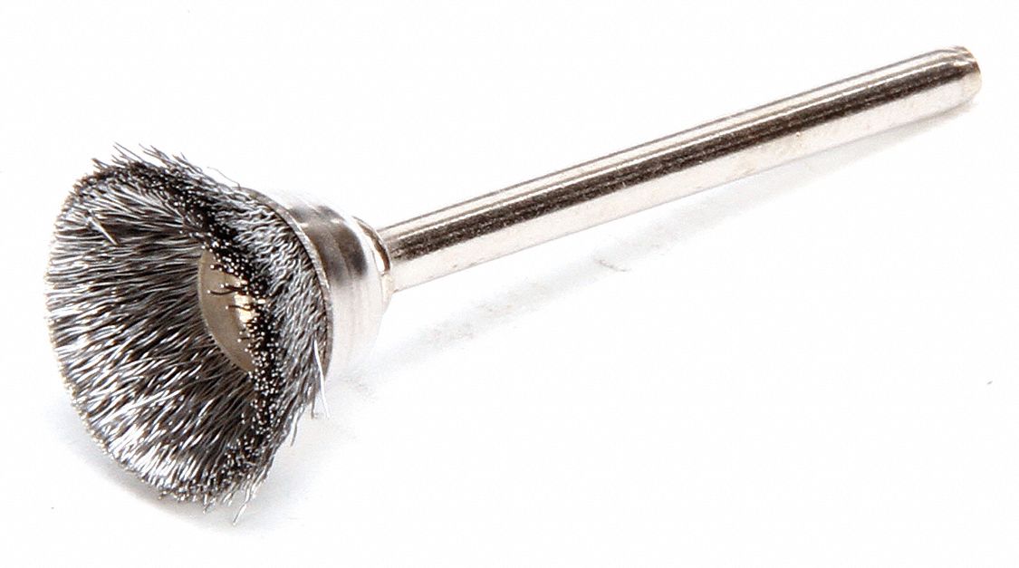 Miniature Cup Brush: Crimped Steel, 5/8 in Brush Dia, 1/8 in Shank, 0.005 in Fill Dia