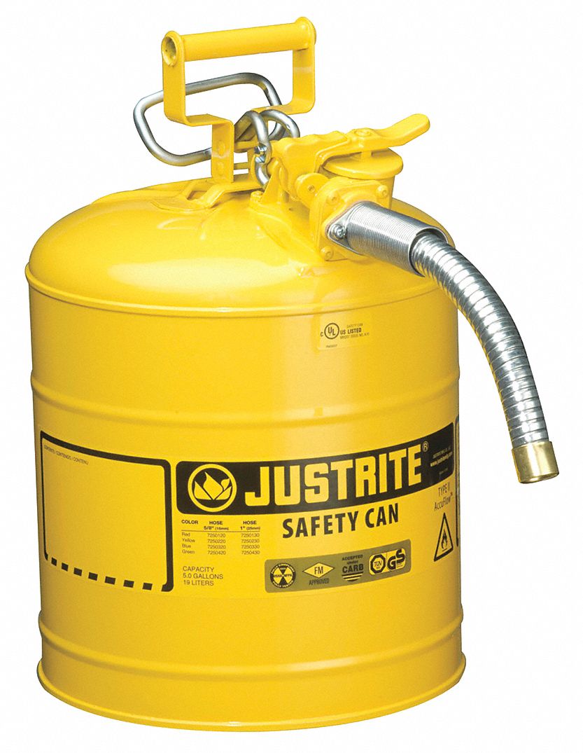 TYPE II SAFETY CAN, 5 GAL, YELLOW, GALVANIZED STEEL, 17½ IN H, 11¾ IN OD, FOR DIESEL