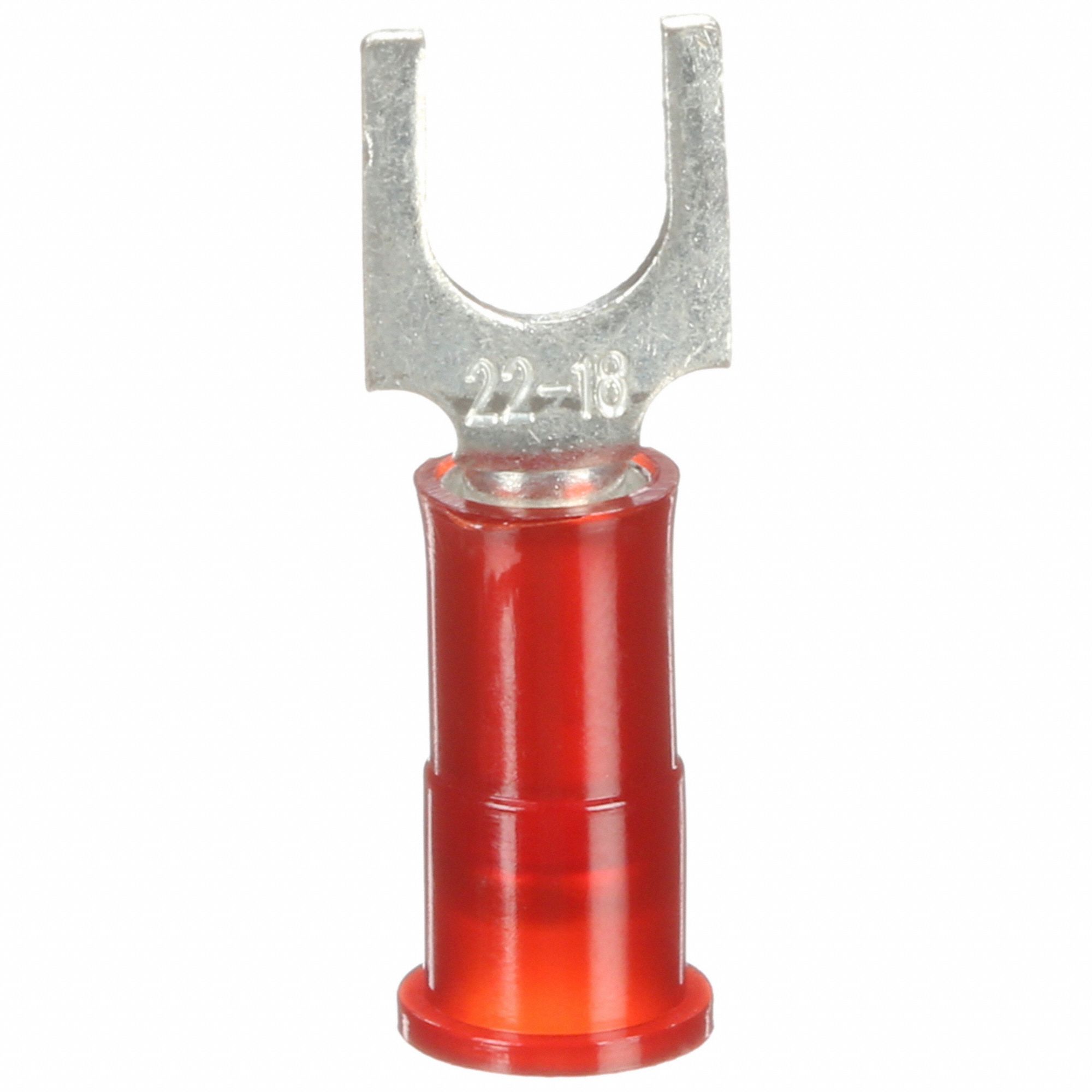 FORK TERMINAL, RED, NYLON, #10 STUD SIZE, 22 AWG TO 18 AWG WIRE SIZE RANGE, CRIMP/NYLON, 100 PK