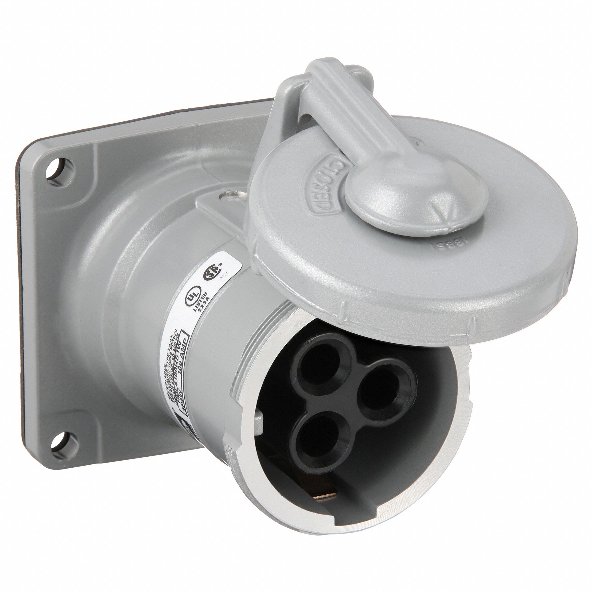 WATERTIGHT PIN AND SLEEVE RECEPTACLE, 100 A, 600V AC/250V DC, STYLE 1 GROUNDING, SILVER, GROUNDED