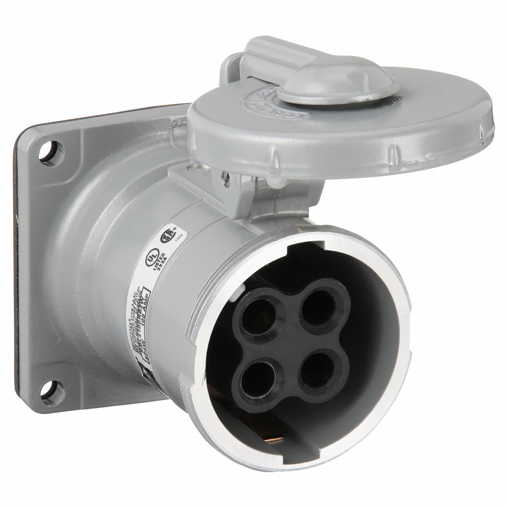 WATERTIGHT PIN AND SLEEVE RECEPTACLE, 100 A, 600V AC/250V DC, STYLE 1 GROUNDING, SILVER, GROUNDED