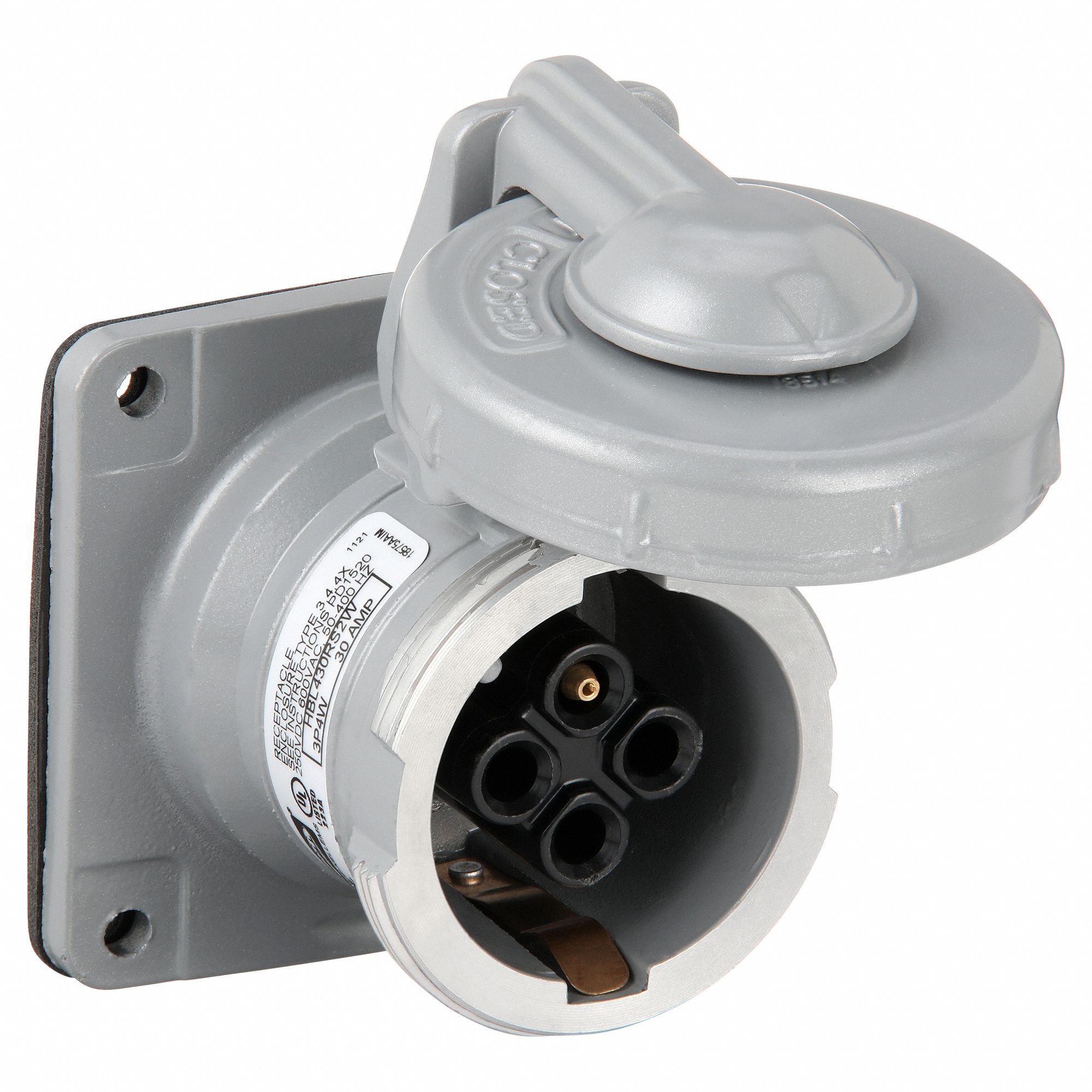 WATERTIGHT PIN AND SLEEVE RECEPTACLE, 30 A, 600V AC/250V DC, STYLE 1 GROUNDING, SILVER, GROUNDED