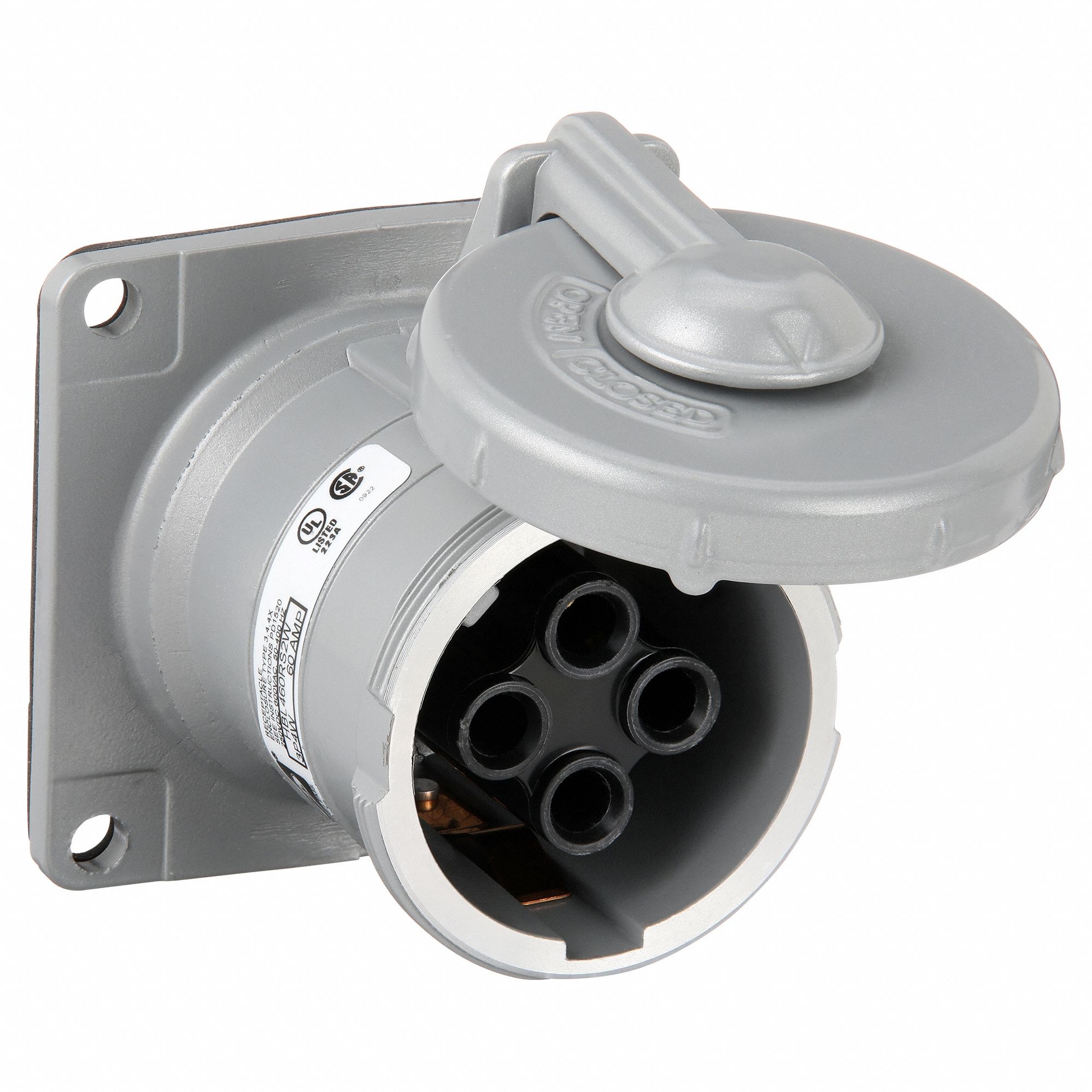 WATERTIGHT PIN AND SLEEVE RECEPTACLE, 60 A, 600V AC/250V DC, STYLE 1 GROUNDING, SILVER, GROUNDED