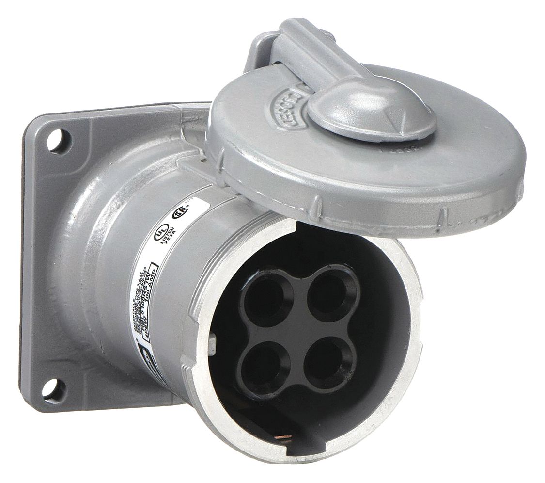 WATERTIGHT PIN AND SLEEVE RECEPTACLE, 60 A, 600V AC/250V DC, STYLE 1 GROUNDING, SILVER, GROUNDED