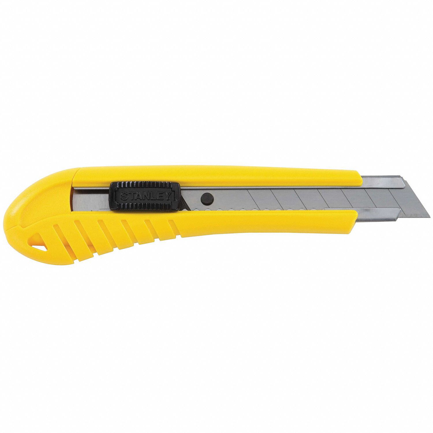 Snap-Off Utility Knife: 7 in Overall Lg, Textured, 8 Segments, 0 Blades Stored, Yellow