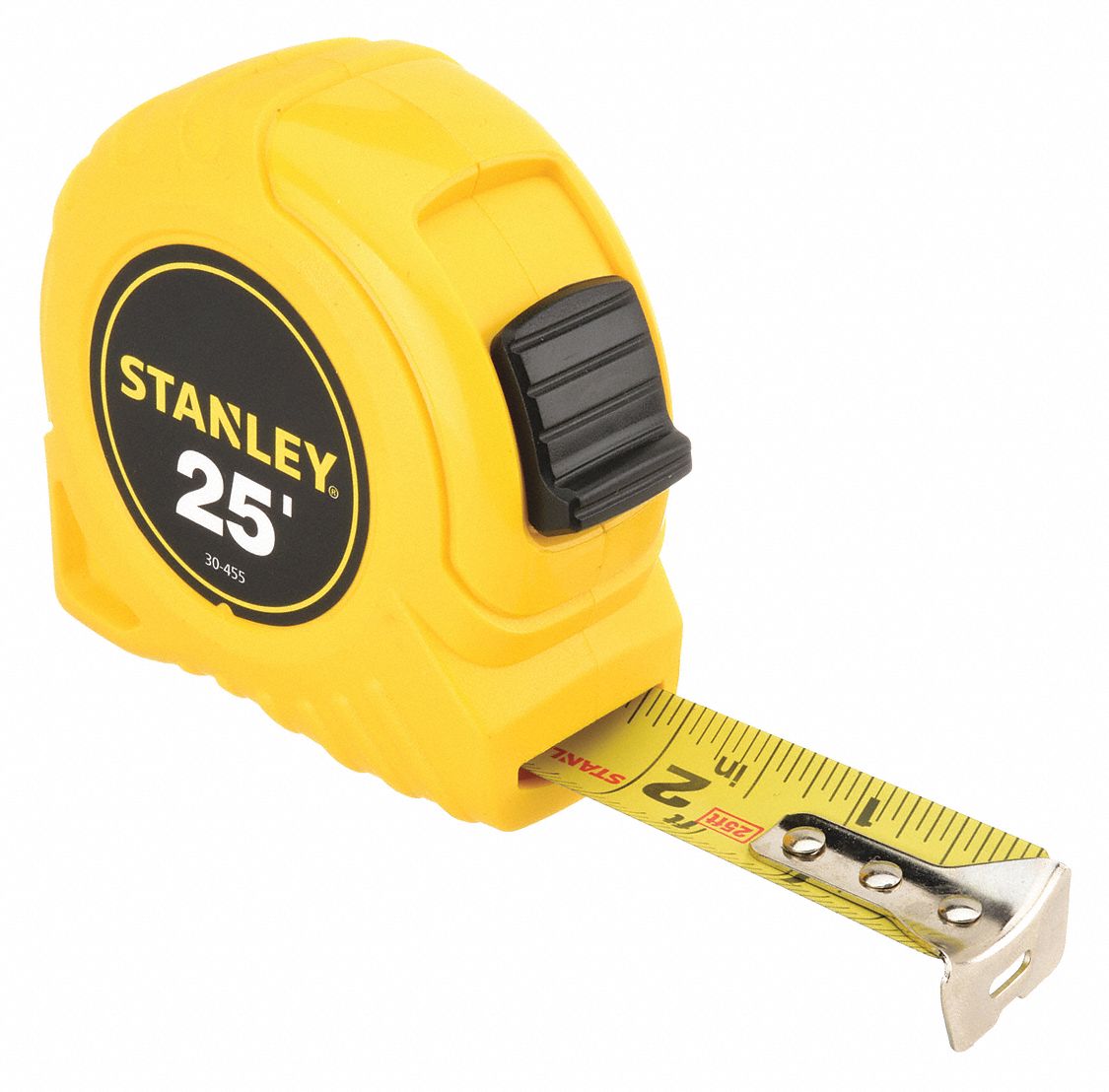 Stanley Tape Measure: 25 ft Tape Lg, 1 in Tape Wd, Plastic Case, Polymer, 7 ft Standout Lg, Auto, Yellow Tape, SAE, inch