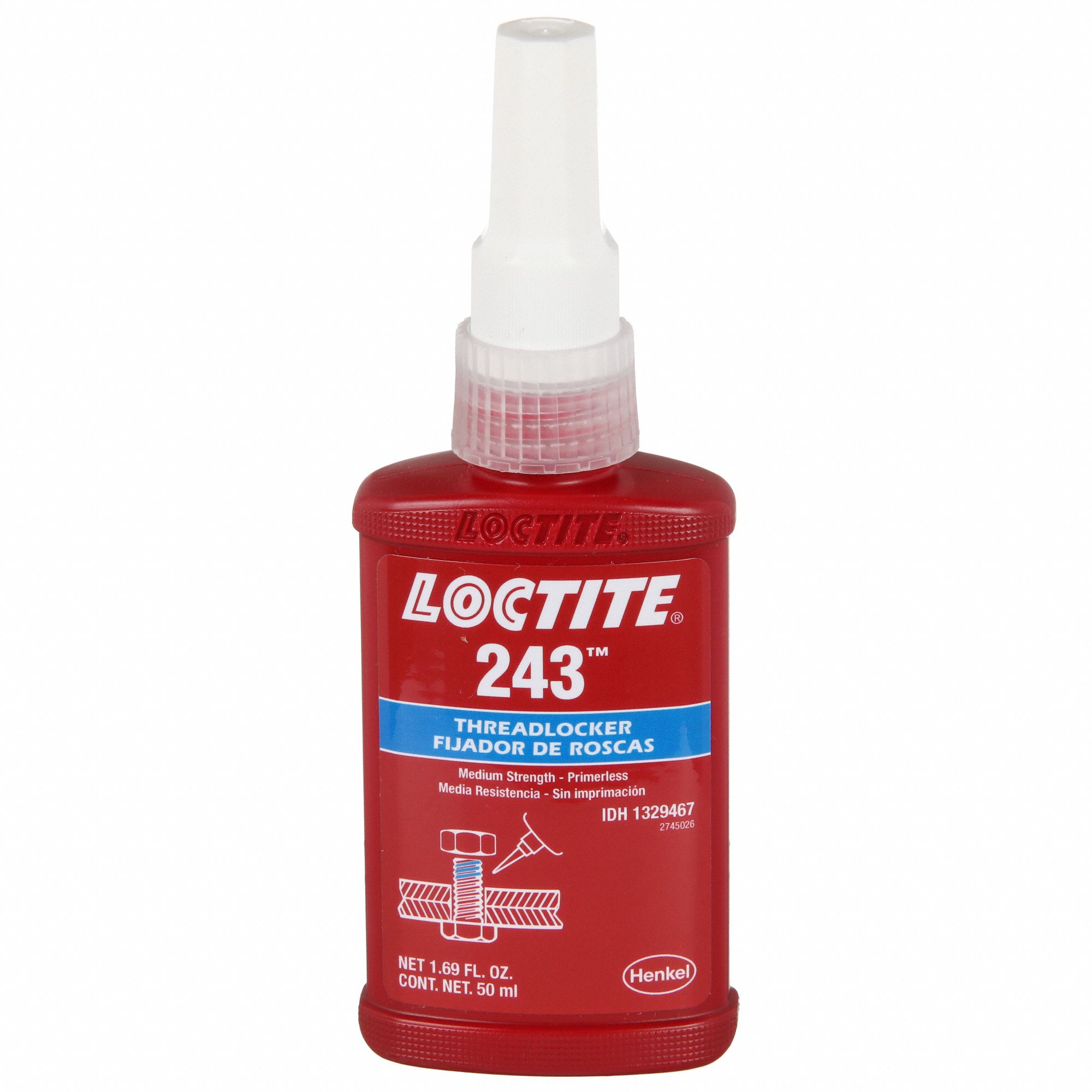 LOCTITE Primerless Medium-Strength Threadlocker: 243, Blue, Oil Tolerant,  1.69 fl oz, Bottle, 1 EA