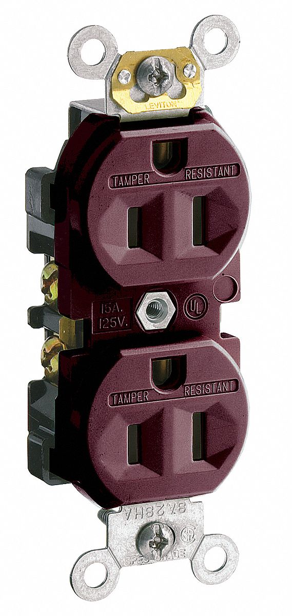 Receptacle: Duplex, Brown, 5-15R, 15 A, 125V AC, 2 Pole / 3 Wire, Screw Terminals