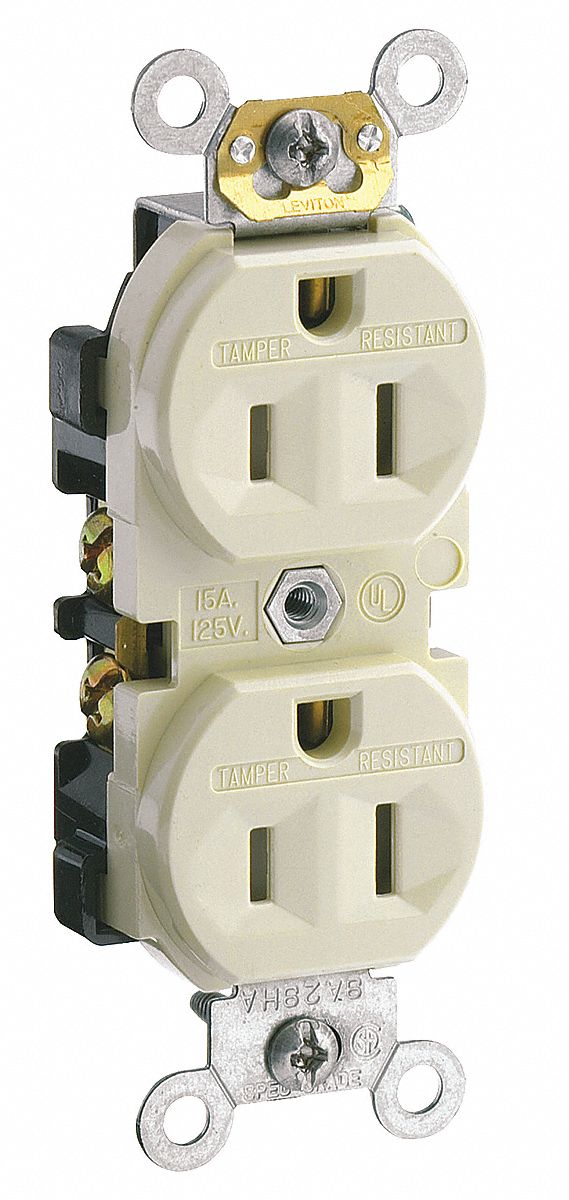Receptacle: Duplex, Ivory, 5-15R, 15 A, 125V AC, 2 Pole / 3 Wire, Screw Terminals