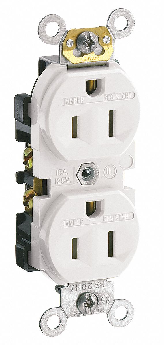 Receptacle: Duplex, White, 5-15R, 15 A, 125V AC, 2 Pole / 3 Wire, Screw Terminals