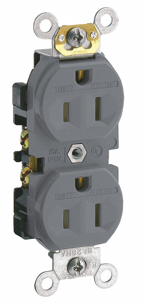 Receptacle: Duplex, Gray, 5-15R, 15 A, 125V AC, 2 Pole / 3 Wire, Screw Terminals