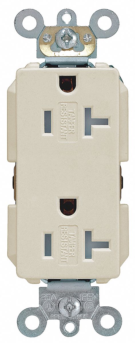 Receptacle: Decorator Duplex, Ivory, 5-20R, 20 A, 125V AC, 2 Pole / 3 Wire, Screw Terminals