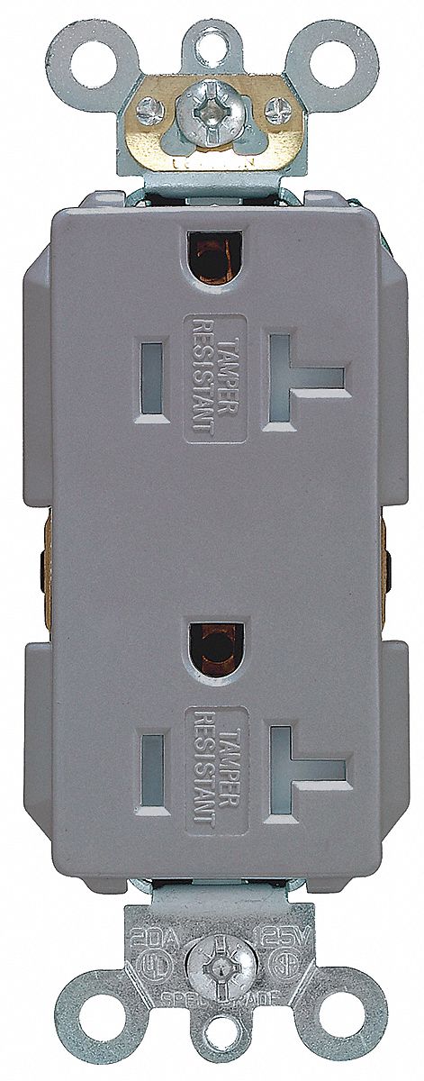 Receptacle: Decorator Duplex, Gray, 5-20R, 20 A, 125V AC, 2 Pole / 3 Wire, Screw Terminals