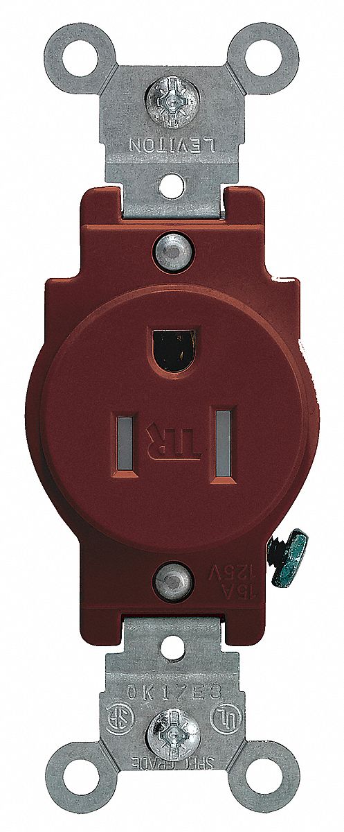 Receptacle: Single, Brown, 5-15R, 15 A, 125V AC, 2 Pole / 3 Wire, Screw Terminals