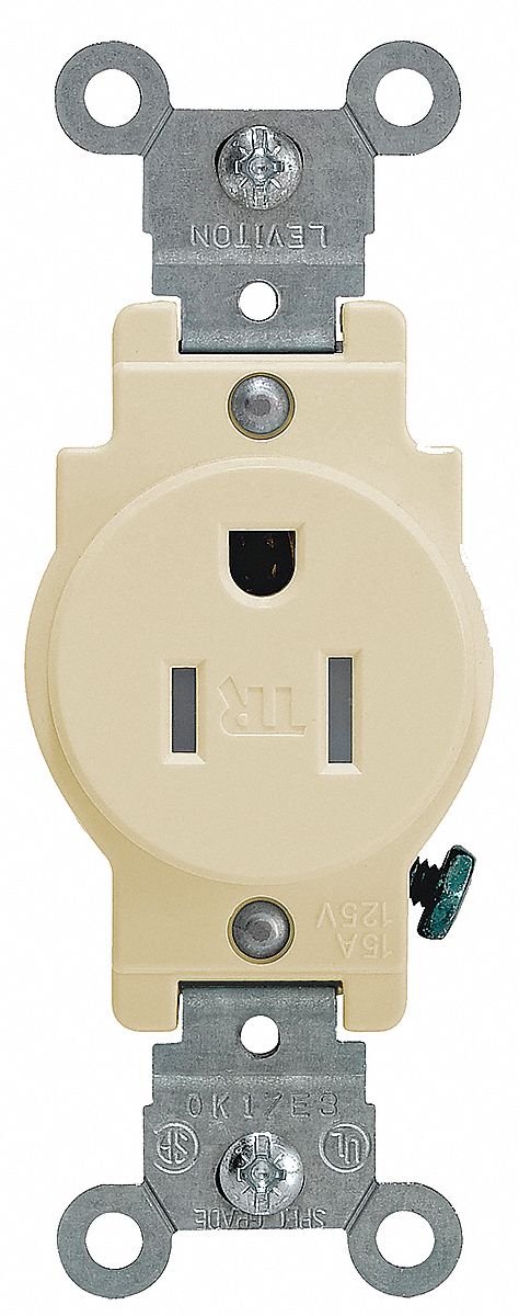 Receptacle: Single, Ivory, 5-15R, 15 A, 125V AC, 2 Pole / 3 Wire, Screw Terminals