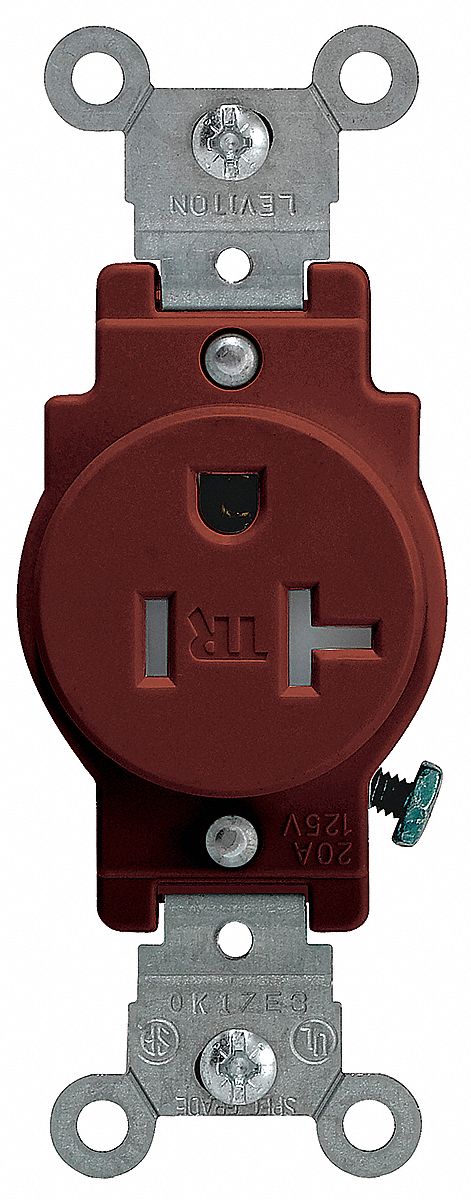 Receptacle: Single, Brown, 5-20R, 20 A, 125V AC, 2 Pole / 3 Wire, Screw Terminals