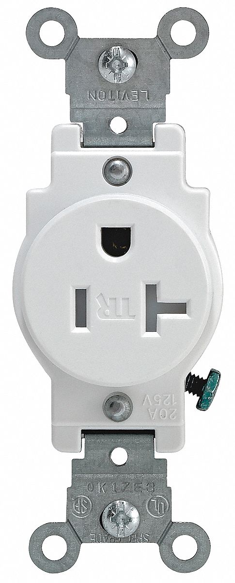Receptacle: Single, White, 5-20R, 20 A, 125V AC, 2 Pole / 3 Wire, Screw Terminals