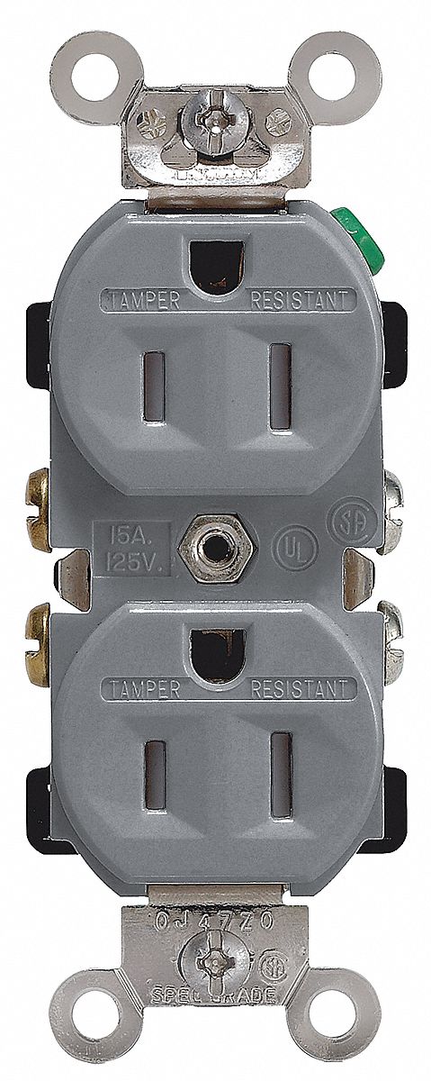 Receptacle: Duplex, Gray, 5-15R, 15 A, 125V AC, 2 Pole / 3 Wire, Screw Terminals