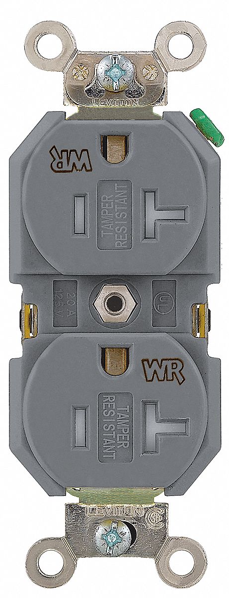Receptacle: Duplex, Gray, 5-20R, 20 A, 125V AC, 2 Pole / 3 Wire, Screw Terminals