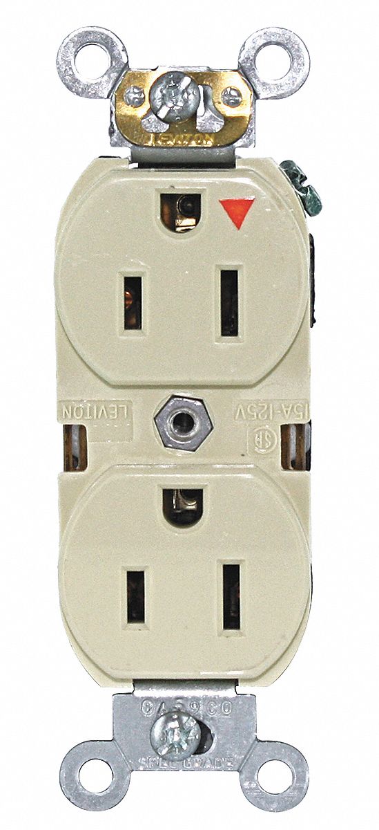 Receptacle: Duplex, 5-15R, 125V AC, 15 A, Ivory, 2 Pole / 3 Wire, Screw Terminals