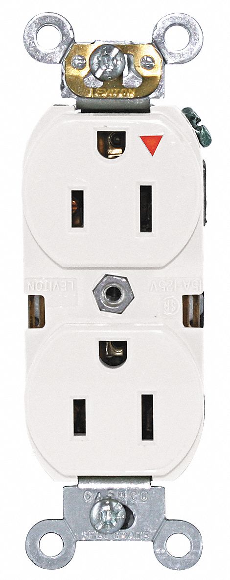 Receptacle: Duplex, 5-15R, 125V AC, 15 A, White, 2 Pole / 3 Wire, Screw Terminals