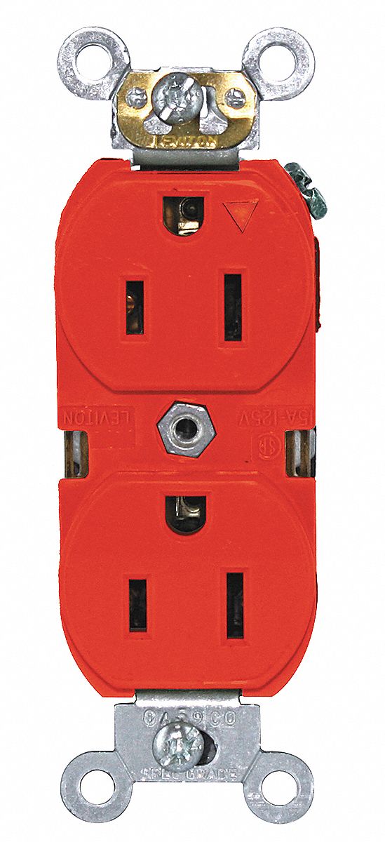 Receptacle: Duplex, 5-15R, 125V AC, 15 A, Red, 2 Pole / 3 Wire, Screw Terminals