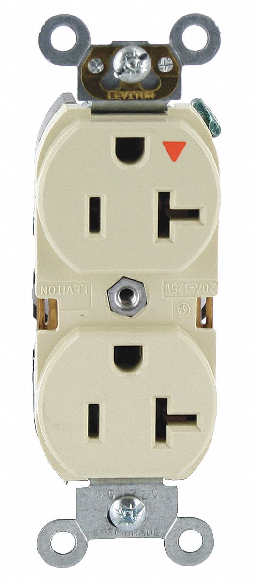 Receptacle: Duplex, 5-20R, 125V AC, 20 A, Ivory, 2 Pole / 3 Wire, Screw Terminals