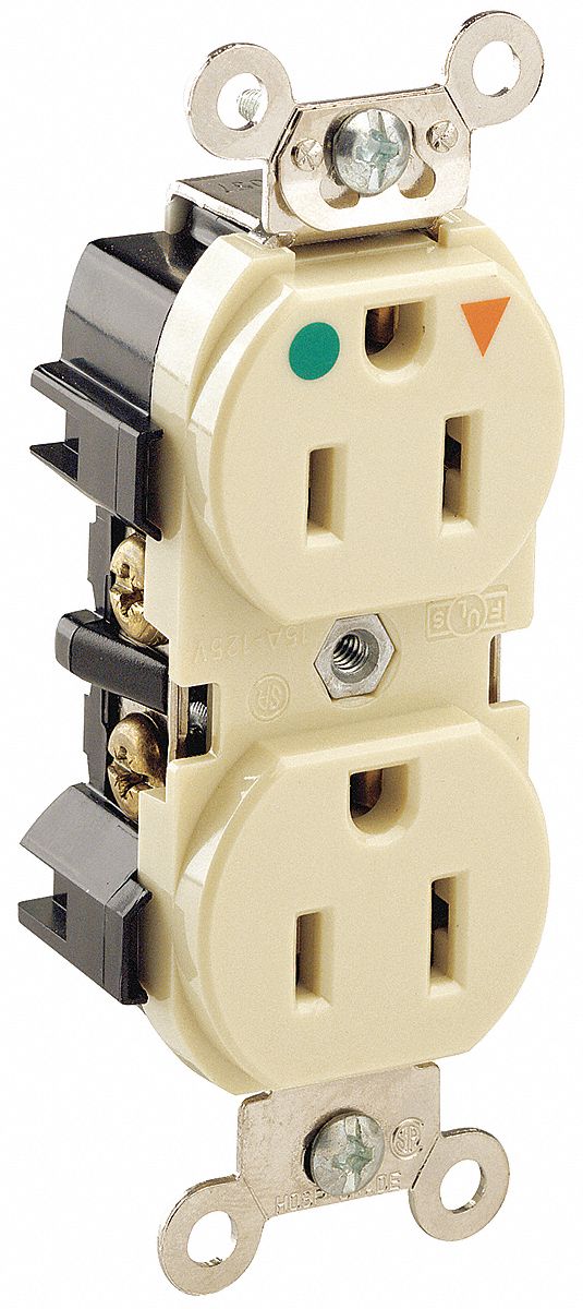 Receptacle: Duplex, 5-15R, 15 A, 125V AC, Ivory, 2 Pole / 3 Wire Poles & Wires, Gen Purpose