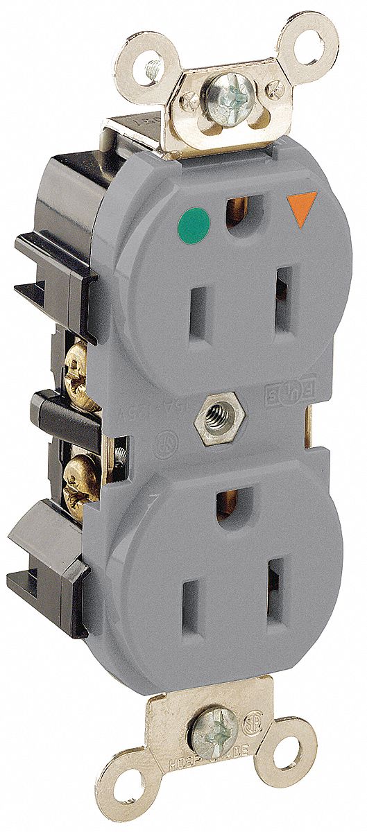 Receptacle: Duplex, 5-15R, 15 A, 125V AC, Gray, 2 Pole / 3 Wire Poles & Wires, Gen Purpose